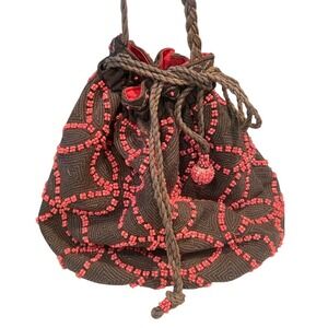 STAR MELA Mika Embroidered Beaded Drawstring Bag‎ Grey Pink Boho Crossbody Pouch